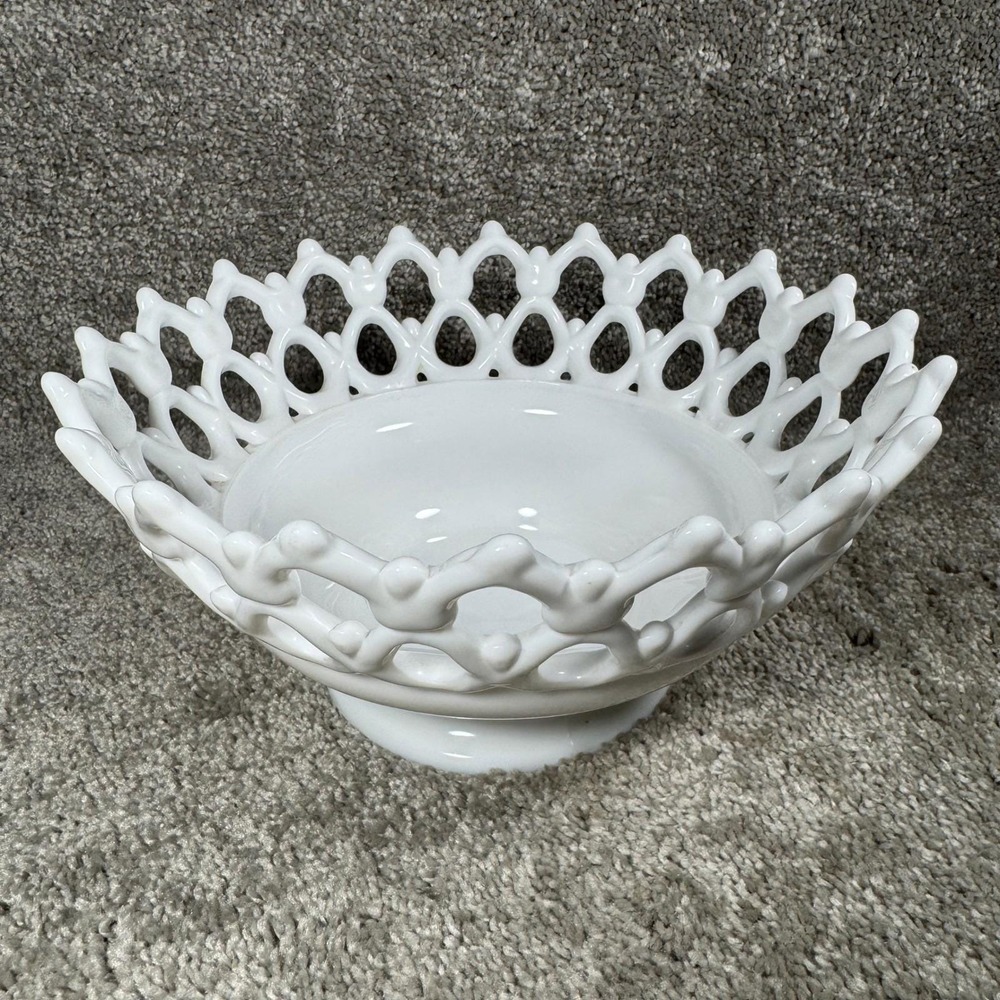 Milk Glass Fruit Bowl White Lattice Lace Edge Footed Pedestal Vintage Style